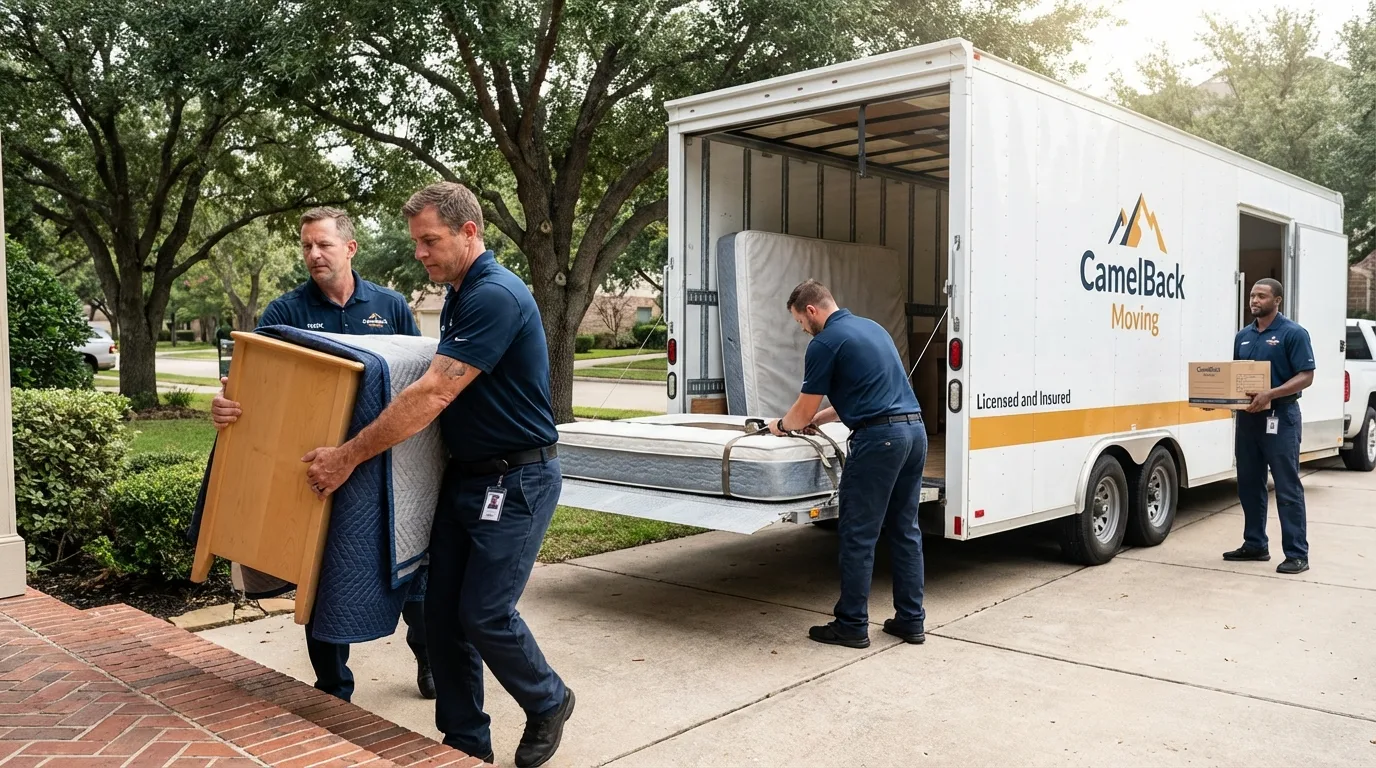 Crew loading residential truck for cross-state move from Weedsport, NY