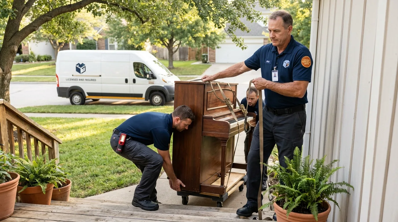 Licensed piano movers securing grand piano in Weedsport, NY