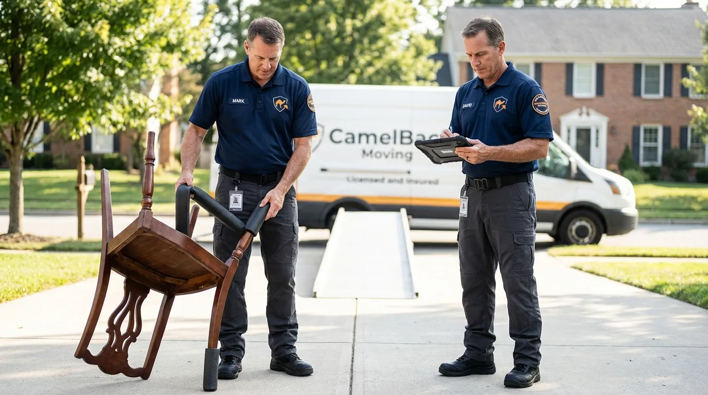 Movers inspecting furniture for damage prevention before loading in Weedsport, NY